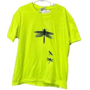 Hand Printed Upcycled Boys Medium Dragonfly Neon Yellow Short Sleeve Tee Shirt